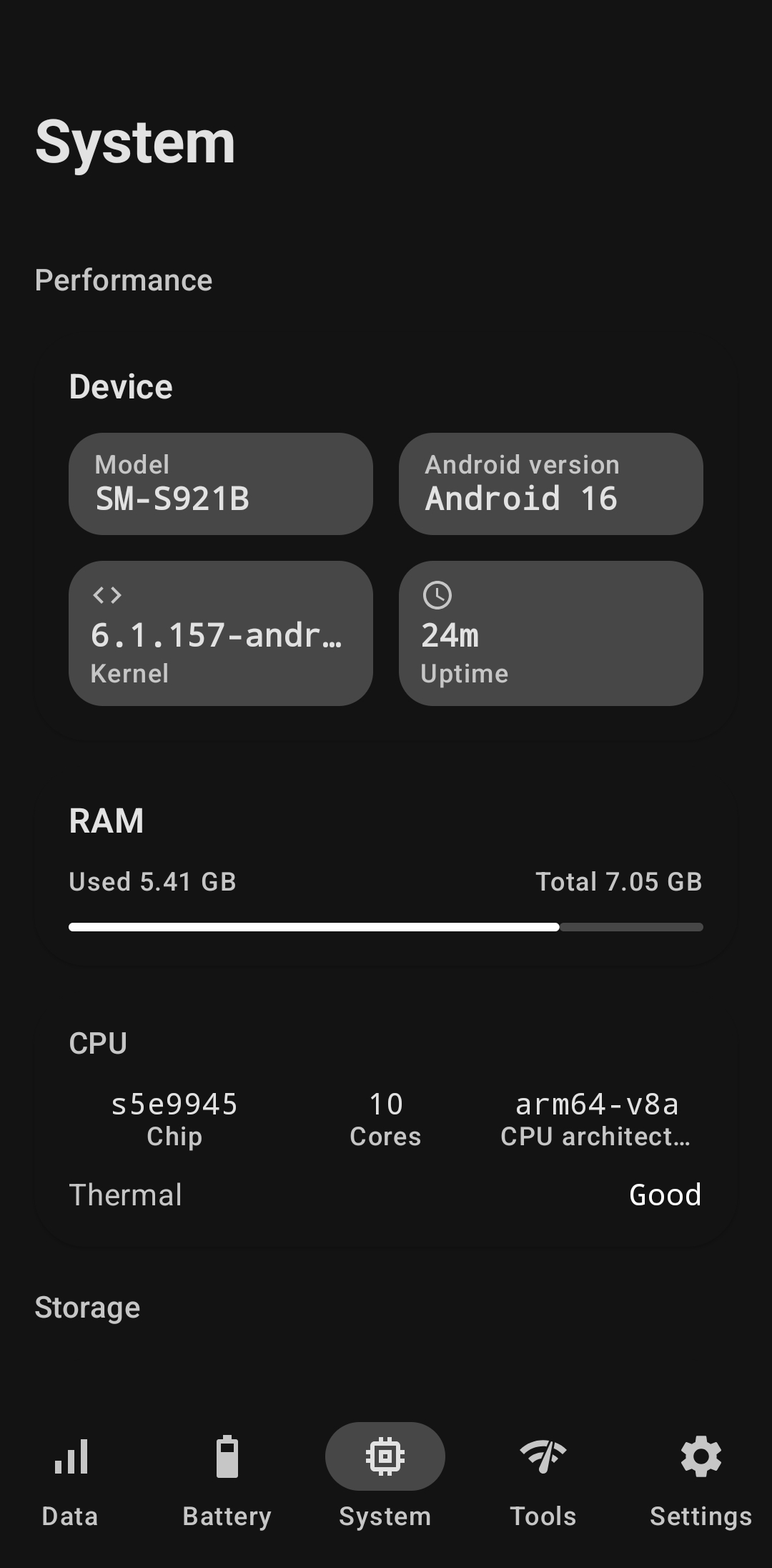 System performance screen listing device model SM-S921B, Android 16, kernel version, 24 minutes uptime, RAM 5.41 GB of 7.05 GB used, and a 10-core arm64-v8a CPU with Good thermal status.