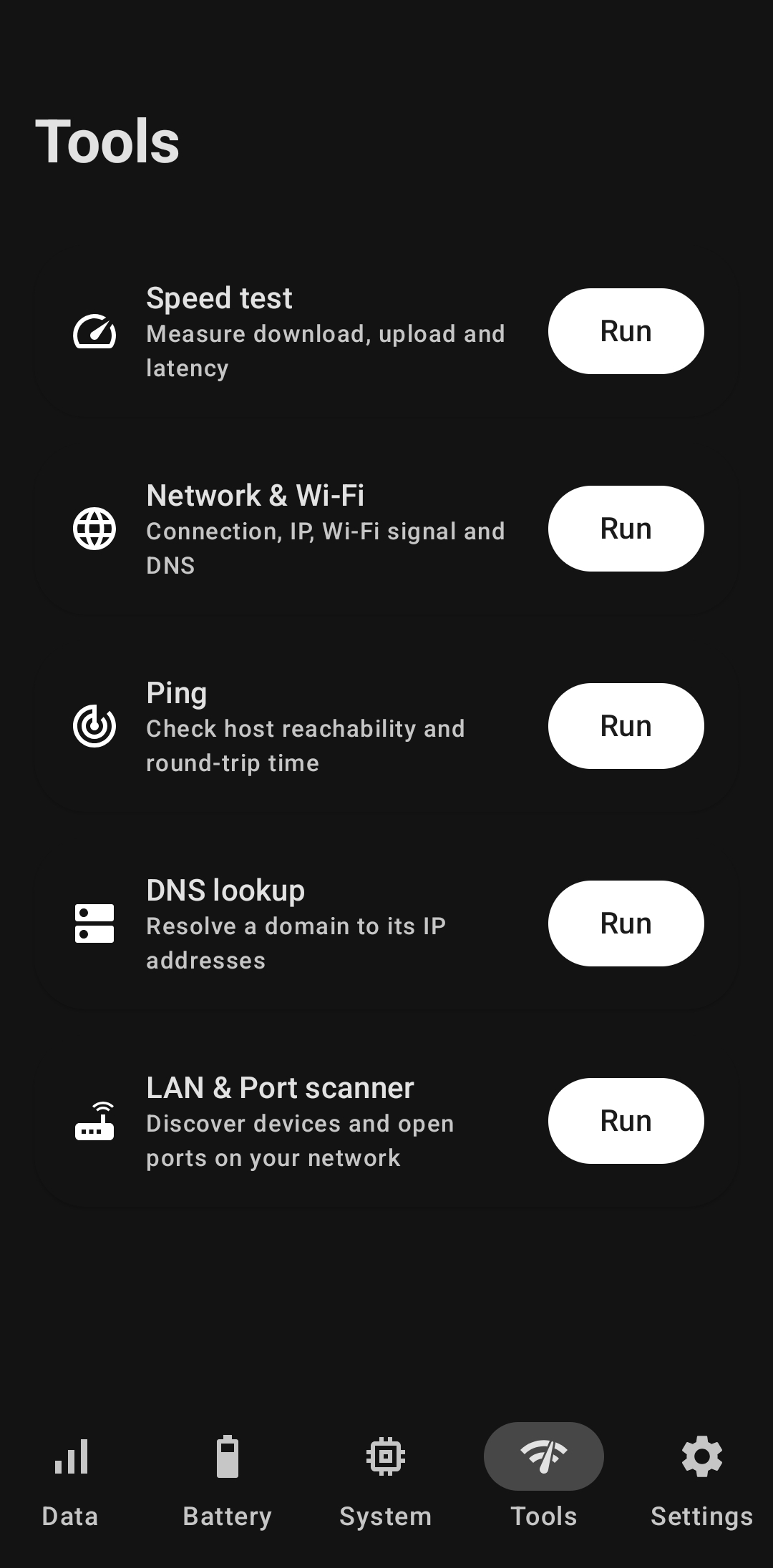 Tools tab listing Speed test, Network and Wi-Fi, Ping, DNS lookup and LAN and Port scanner, each with a Run button.